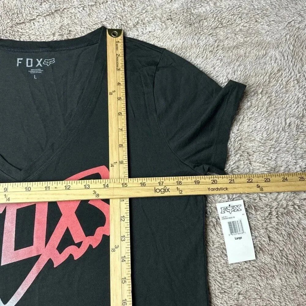 Fox Racing Women Top Black T-Shirt Logo Graphic Short Sleeve V Neck - Picture 10 of 16
